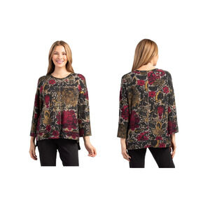Habitat Womens Large Eastern Floral Print Rib Trim Crew Neck Top 3/4 Sleeve Cozy